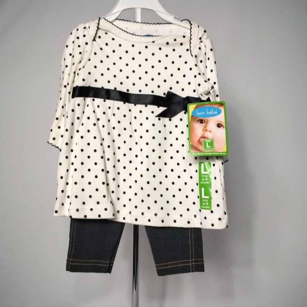 Bond Bebe 1st. Blue Jeans & Ivory & Black Polk-a-dot, Lg Sleeve Size 0-9 mos NWT